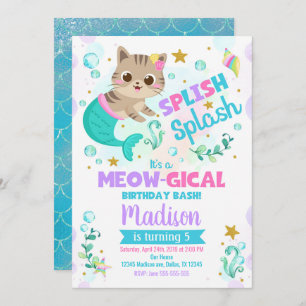 Mermaid Cat Birthday Invitation, Kitten Pool Party Kaart