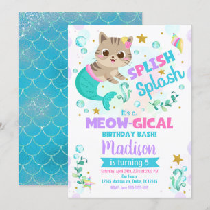 Mermaid Cat Birthday Invitation, Kitten Pool Party Kaart