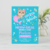 Mermaid Cat Birthday Invitation, Kitten Pool Party Kaart (Staand voorkant)