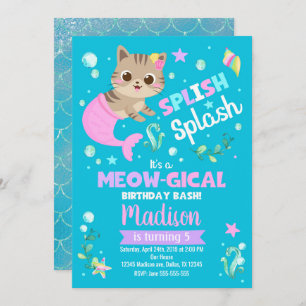 Mermaid Cat Birthday Invitation, Kitten Pool Party Kaart