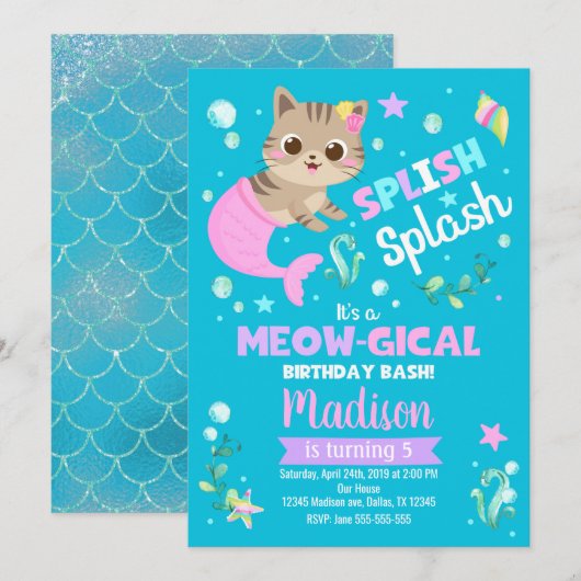 Mermaid Cat Birthday Invitation, Kitten Pool Party Kaart (Voorkant / Achterkant)