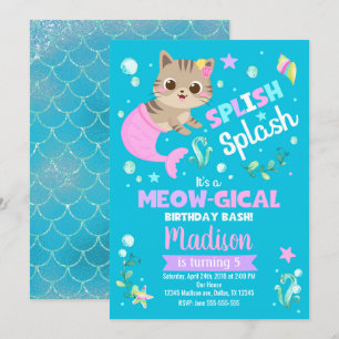 Mermaid Cat Birthday Invitation, Kitten Pool Party Kaart