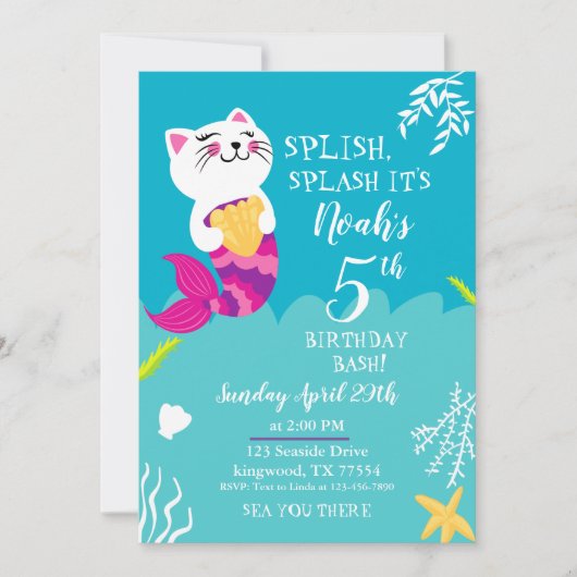 Mermaid Cat Birthday Uitnodiging (Voorkant)