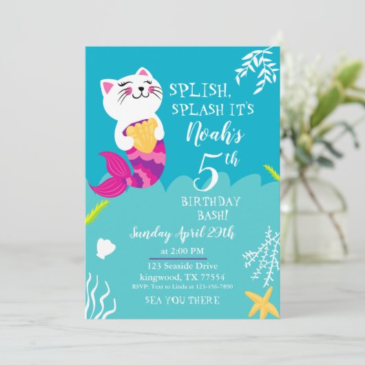 Mermaid Cat Birthday Uitnodiging (Staand voorkant)