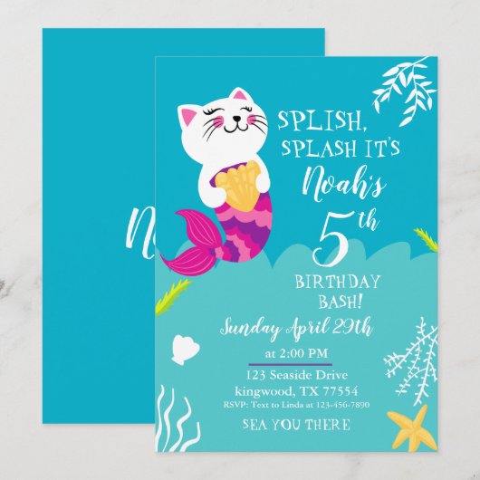 Mermaid Cat Birthday Uitnodiging (Voorkant / Achterkant)