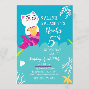 Mermaid Cat Birthday Uitnodiging