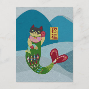 Mermaid cat Manekineko beckoning Briefkaart