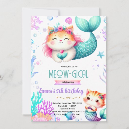 Mermaid cat party theme invitation kaart (Voorkant)