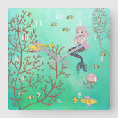 Mermaid Clock Green Zee Vierkante Klok (Voorkant)
