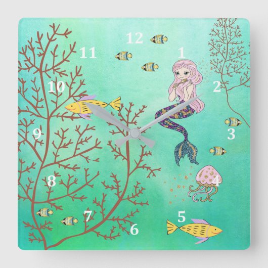 Mermaid Clock Green Zee Vierkante Klok (Voorkant)