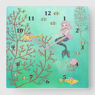 Mermaid Clock Green Zee Vierkante Klok