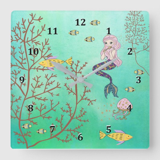 Mermaid Clock Green Zee Vierkante Klok (Voorkant)