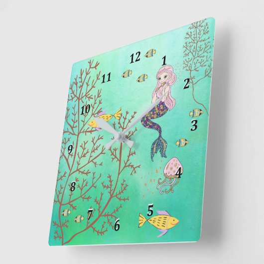 Mermaid Clock Green Zee Vierkante Klok (Hoek)