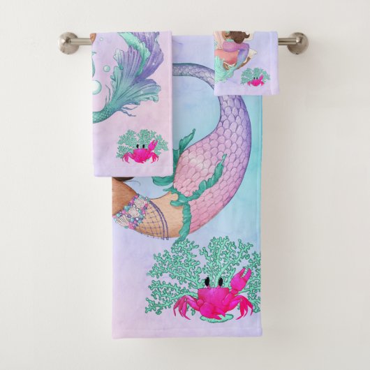 Mermaid Cute Blue Roze Starfish Personal Bad Handdoek (Insitu)