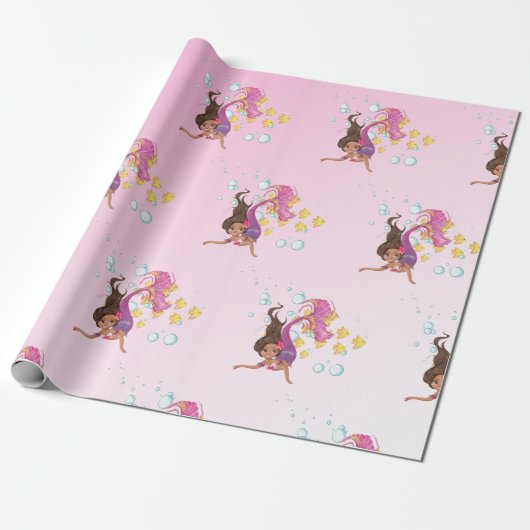 Mermaid Cute Bubbles Roze verpakkingspapier Cadeaupapier (Uitgerold)