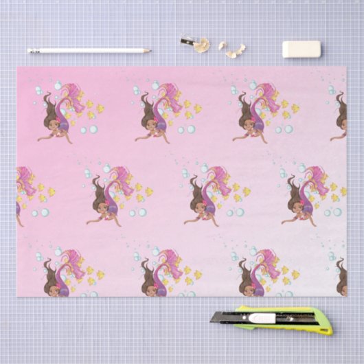 Mermaid Cute Bubbles Roze Weefpapier Tissuepapier (Craft)