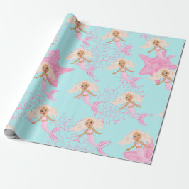 Mermaid Cute Girly Pink Blue onder het Zee Cadeaupapier