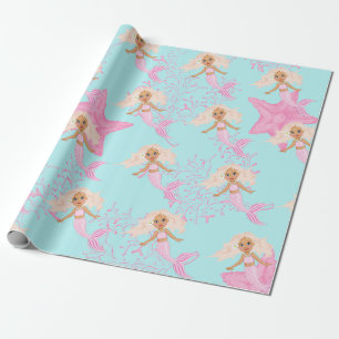 Mermaid Cute Girly Pink Blue onder het Zee Cadeaupapier