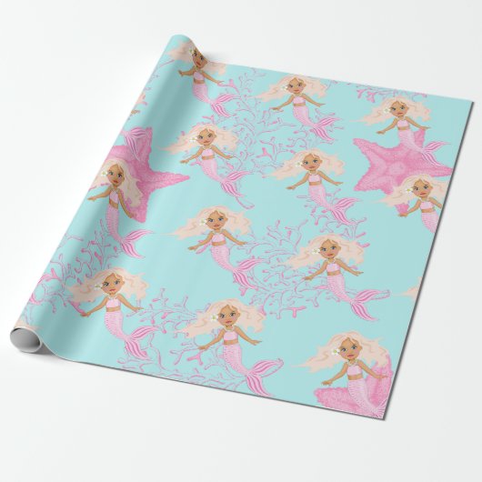 Mermaid Cute Girly Pink Blue onder het Zee Cadeaupapier (Uitgerold)