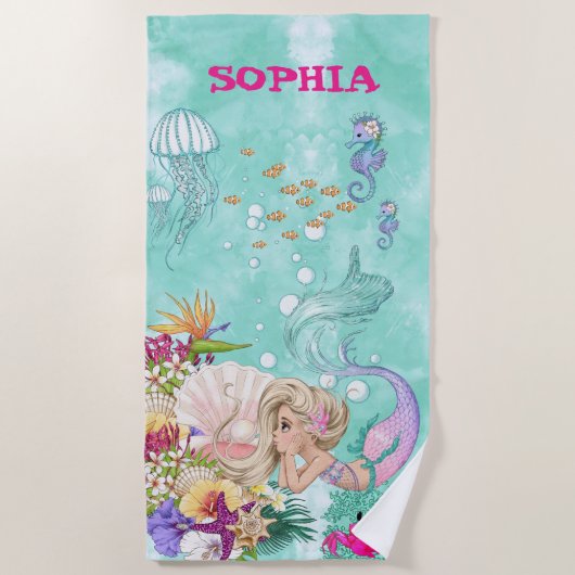 Mermaid Cute Green Starfish Personal Strandlaken (Voorkant)