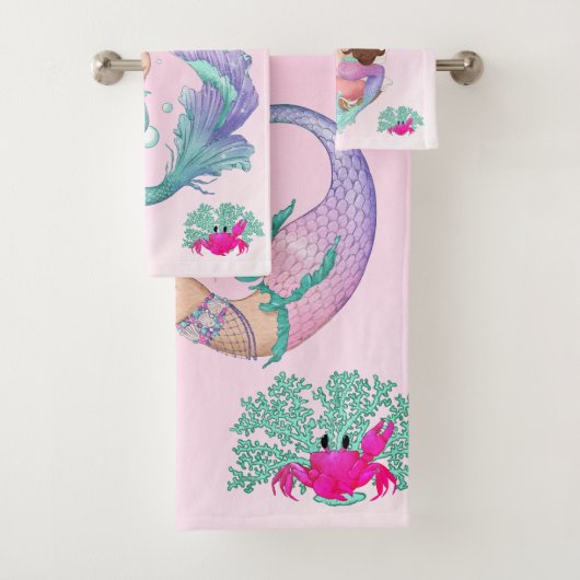 Mermaid Cute Pink Starfish Dark Hair Personal Bad Handdoek (Insitu)