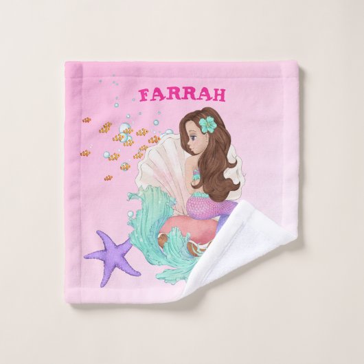 Mermaid Cute Pink Starfish Dark Hair Personal Bad Handdoek (Wasdoekje)