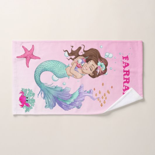 Mermaid Cute Pink Starfish Dark Hair Personal Bad Handdoek (Handdoek)