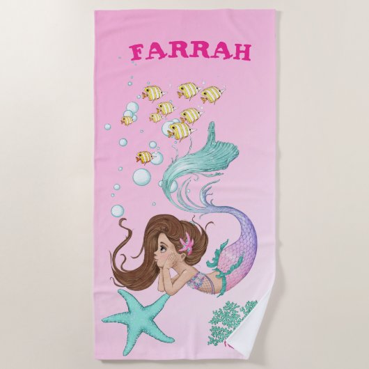 Mermaid Cute Pink Starfish Dark Hair Personal Strandlaken (Voorkant)