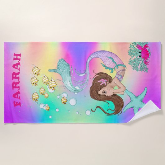 Mermaid Cute Rainbow Pink Starfish Dark Hair Strandlaken (Voorkant)