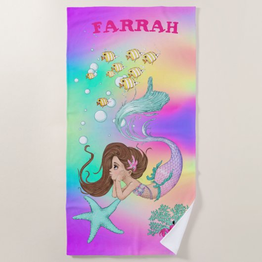 Mermaid Cute Rainbow Pink Starfish Dark Hair Strandlaken (Voorkant)