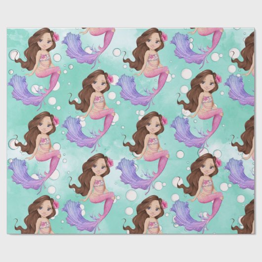 Mermaid Dark Hair Bubbles Roze Blauw Cadeaupapier (Vlak)