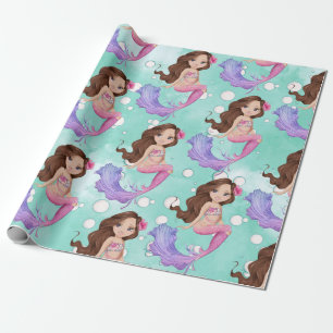 Mermaid Dark Hair Bubbles Roze Blauw Cadeaupapier