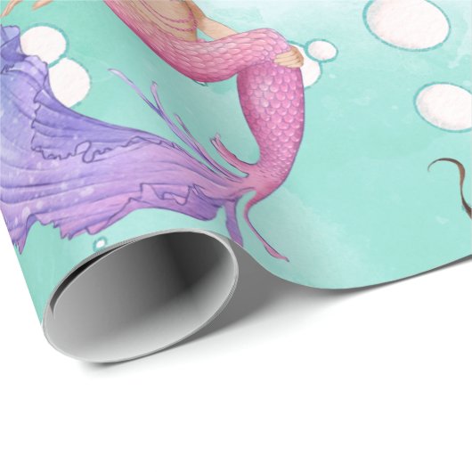 Mermaid Dark Hair Bubbles Roze Blauw Cadeaupapier (Rol Hoek)