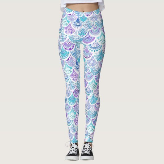 MERMAID DAYDREAMS Waterverf Boho Beach Fish Scale Leggings (Voorkant)