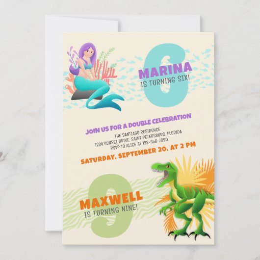 Mermaid Dinosaur Joint Double Birthday Invitation Kaart (Voorkant)