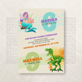 Mermaid Dinosaur Joint Double Birthday Invitation Kaart