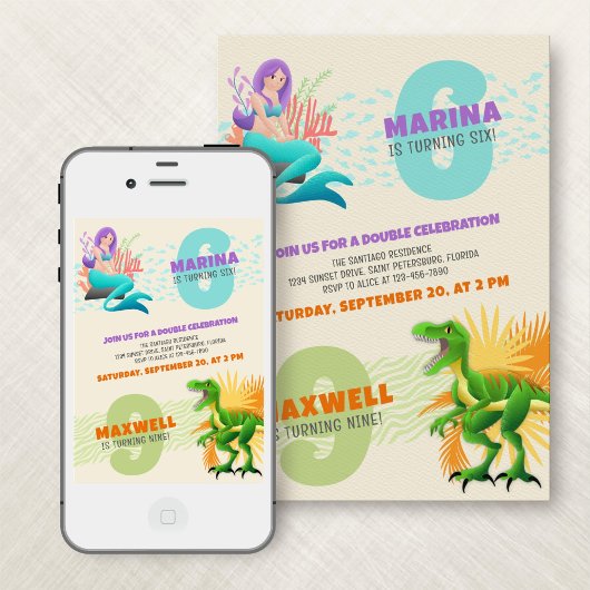 Mermaid Dinosaur Joint Double Birthday Invitation Kaart