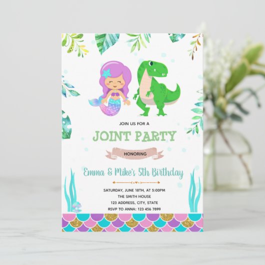 Mermaid dinosaur party-uitnodiging kaart (Staand voorkant)