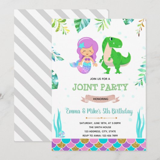 Mermaid dinosaur party-uitnodiging kaart (Voorkant / Achterkant)