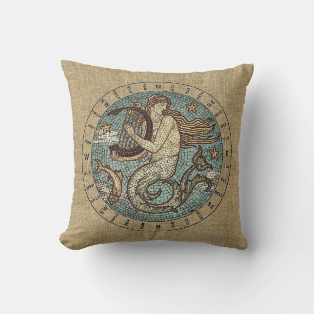 MERMAID EN COMPASS OUTDDEUR PILLOW - 16-INCH vierk Buitenkussen (Voorkant)