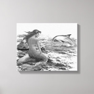 Mermaid en Dolphin Canvas Afdruk