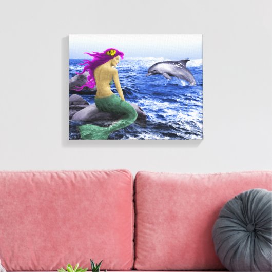 Mermaid en Dolphin Canvas Afdruk (Insitu (Woonkamer))
