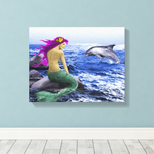 Mermaid en Dolphin Canvas Afdruk (Insitu (Houten vloer))