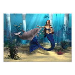 Mermaid en Dolphin Foto Afdruk