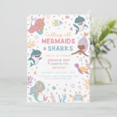 Mermaid en haai verjaardag uitnodiging (Staand voorkant)