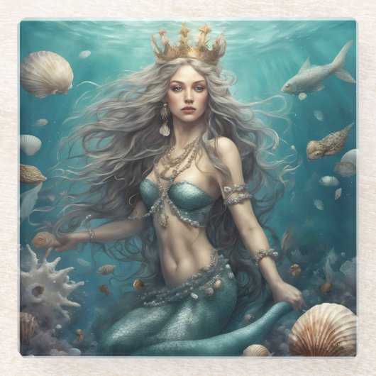 Mermaid Fantasy Glazen Onderzetter (Voorkant)
