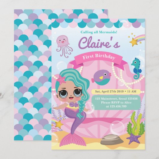 Mermaid First Birthday Aankondiging (Voorkant / Achterkant)