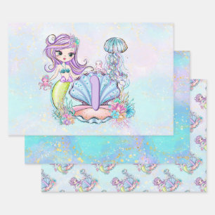 Mermaid First Birthday Fysieke Zee Life Party Inpakpapier Vel