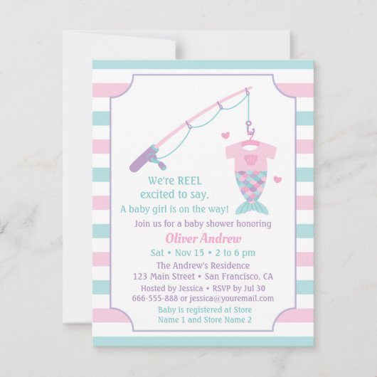 Mermaid Fishing Themed Baby Shower Invitations Kaart (Voorkant)
