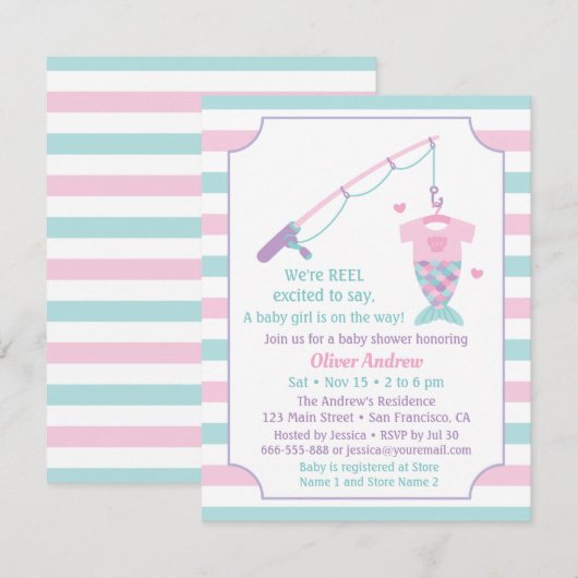 Mermaid Fishing Themed Baby Shower Invitations Kaart (Voorkant / Achterkant)
